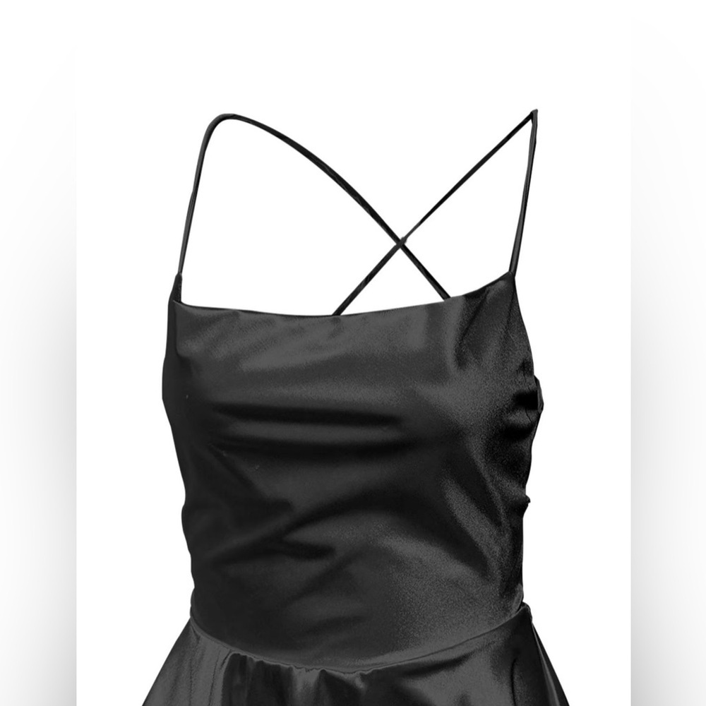 Women’s plain lace up backless tiered layer spaghetti strap black dress. Sexy - Picture 4 of 6
